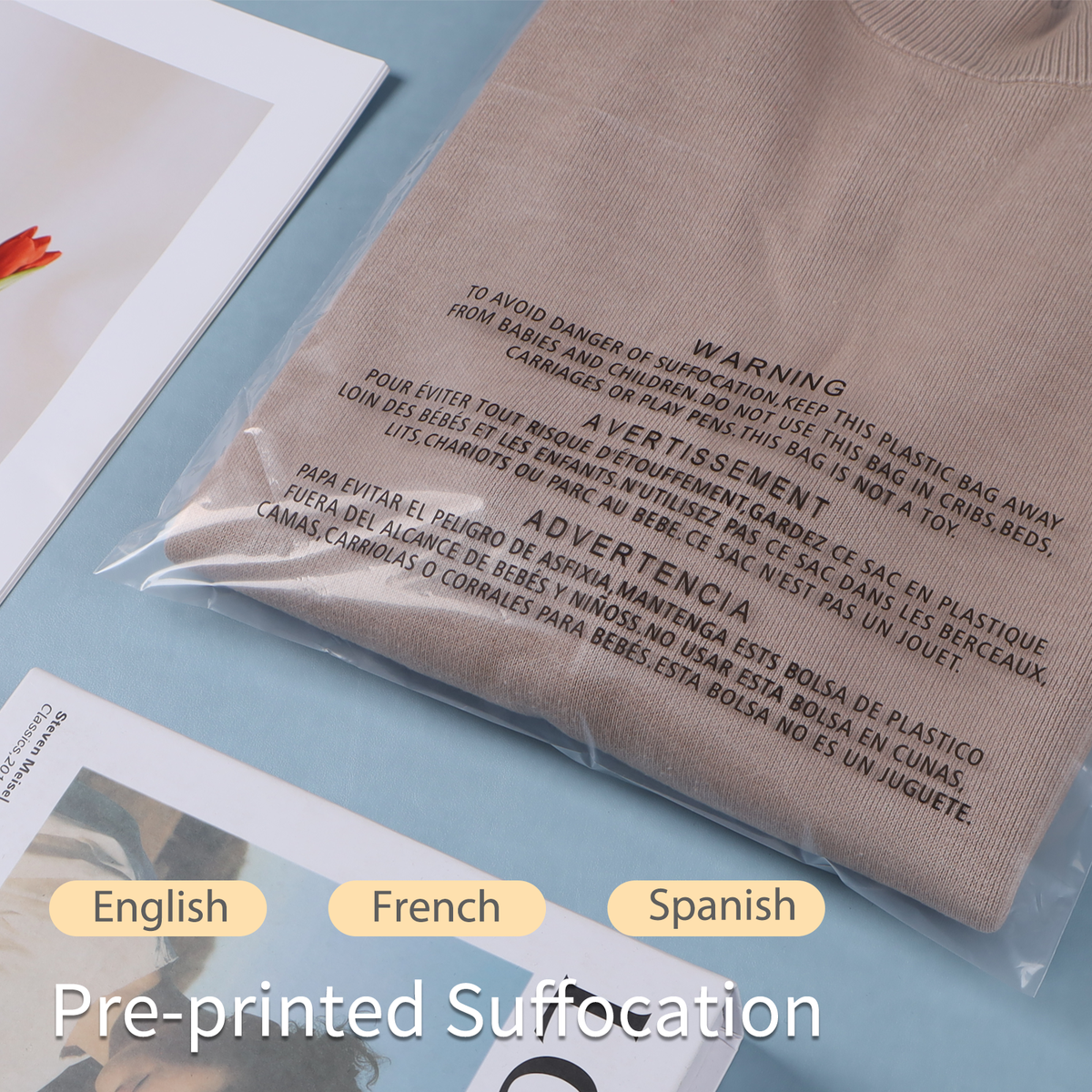 Polysells 10"x13" Clear Poly Bags with Suffocation Warning Strong Self Seal, Black Print