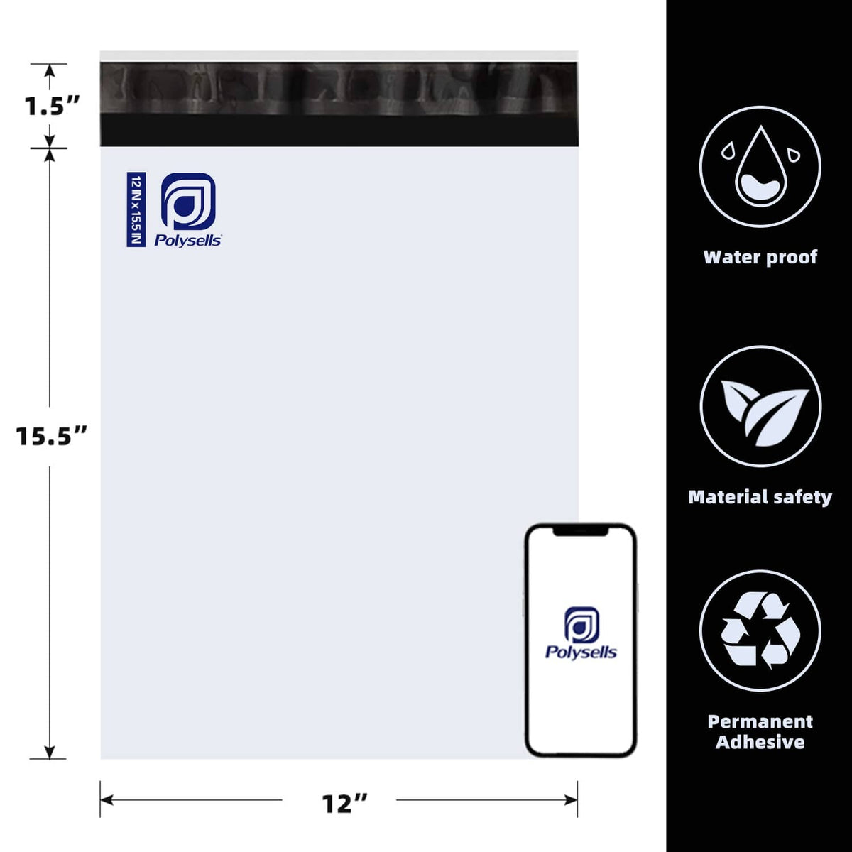 Polysells 12x15.5 White Poly Mailers, Self Seal Shipping Bags for Clothing & Non-Fragile Items – Waterproof Tear Resistant Mailing Bags for Small Business Shipping Supplies