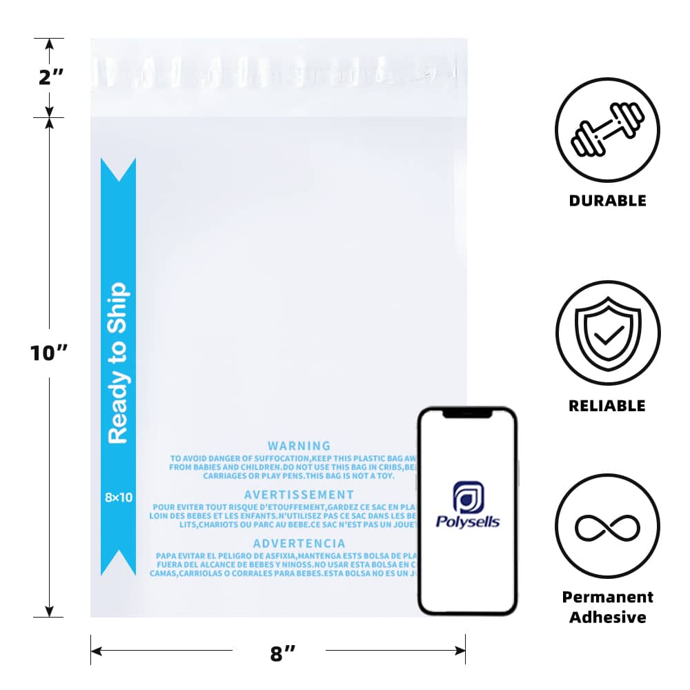 Strong Self Seal Clear Poly Bags with Suffocation Warning, 8"x10"