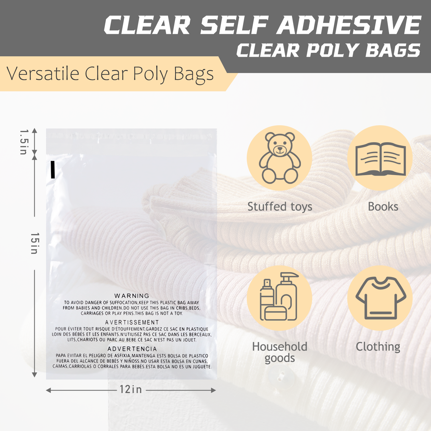 6"x9" Strong Self Seal Clear Poly Bags with Suffocation Warning, Black Print