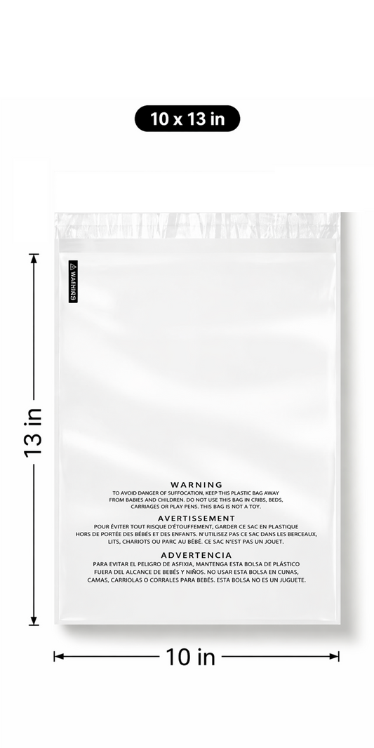Polysells 10"x13" Clear Poly Bags with Suffocation Warning Strong Self Seal, Black Print