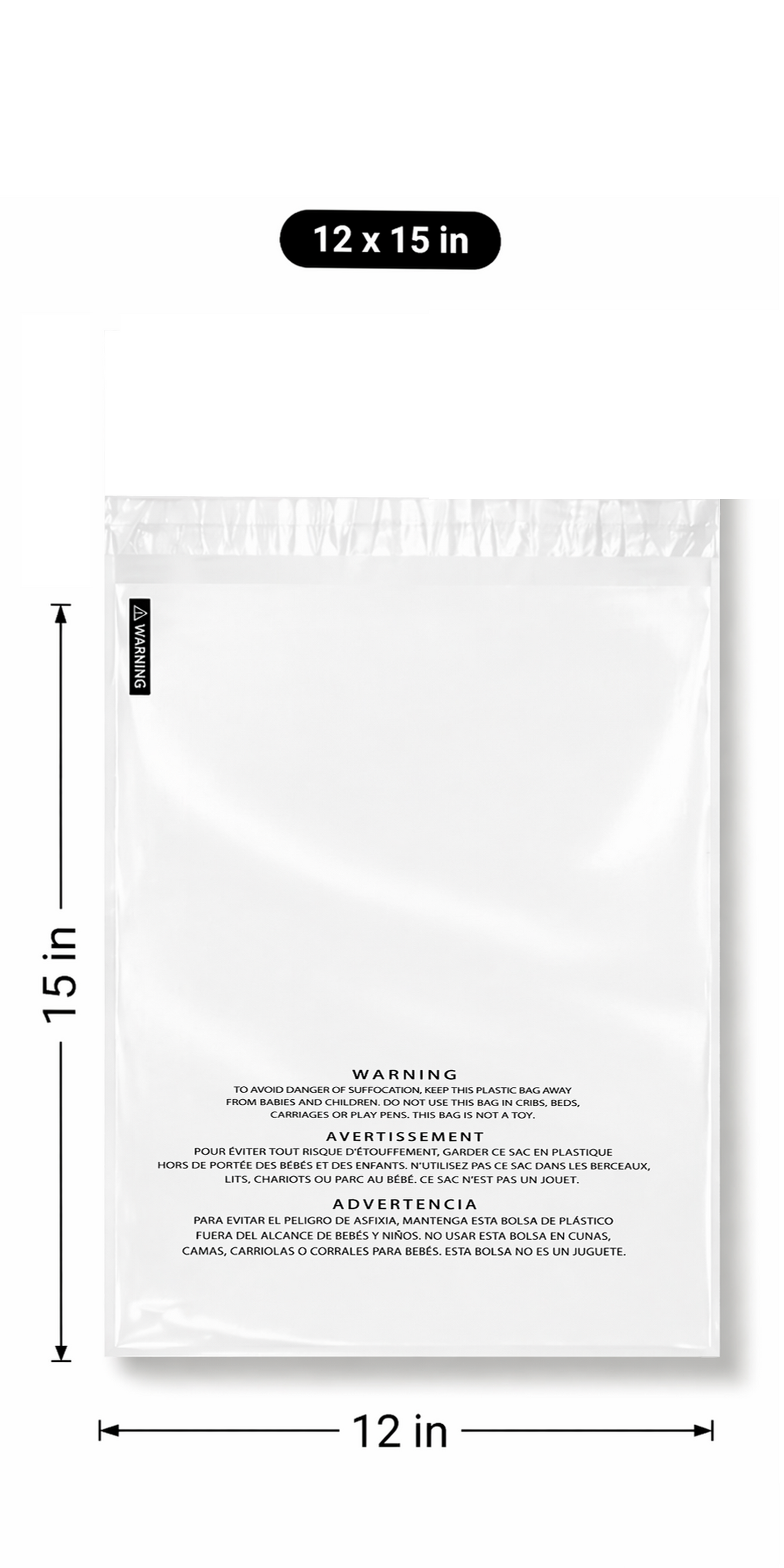 Polysells 12"x15" Clear Poly Bags with Suffocation Warning Strong Self Seal, Black Print