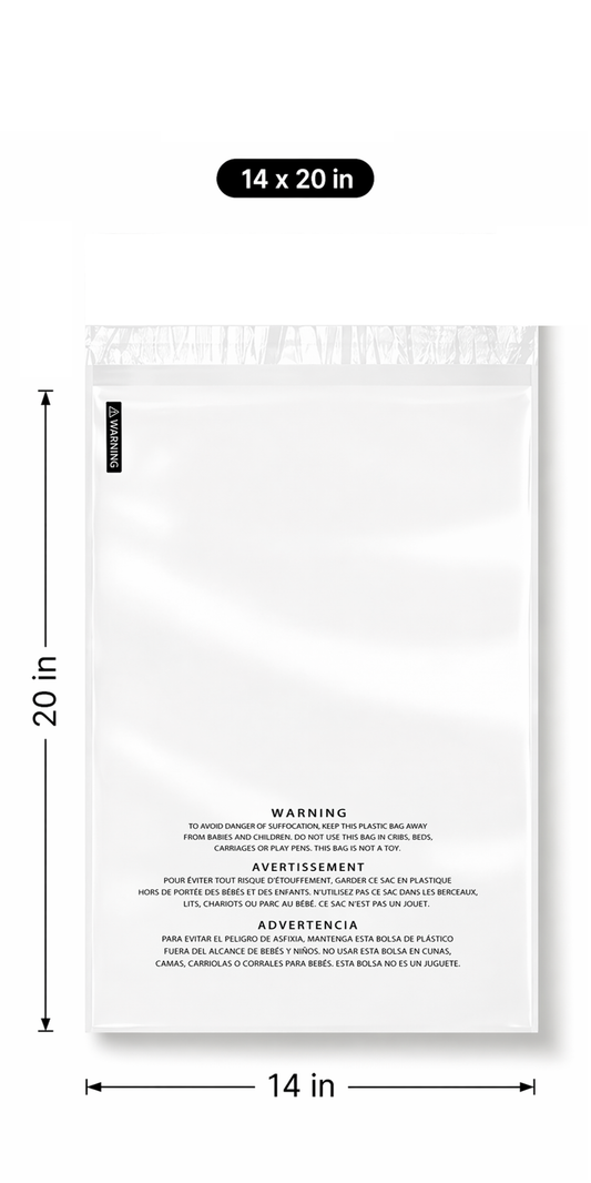 Polysells 14"x20" Clear Poly Bags with Suffocation Warning Strong Self Seal, Black Print