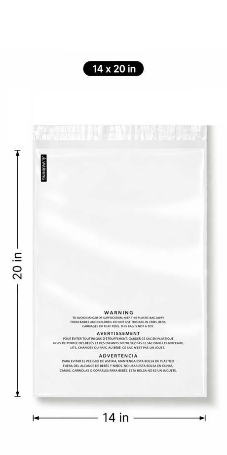 Polysells 14"x20" Clear Poly Bags with Suffocation Warning Strong Self Seal, Black Print