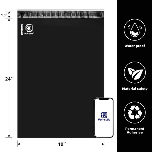 Pollysells 19x24 Black Poly Mailers – Extra Large Durable Self Seal Shipping Bags for Bulk Clothing & Oversized Non-Fragile Items, Waterproof Heavy Duty Poly Shipping Bags for Small Business