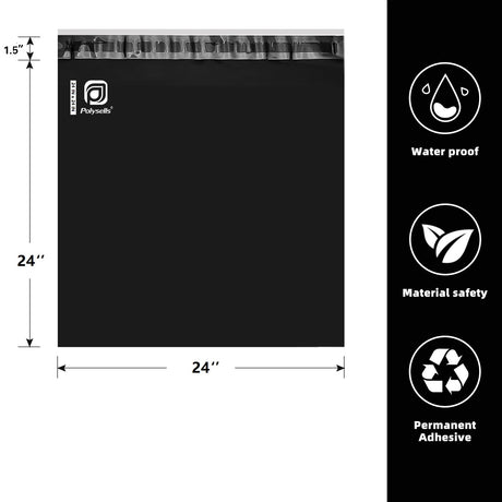 Pollysells 24x24 Black Poly Mailers – Extra Large Self Seal Shipping Bags for Clothing & Non-Fragile Items, Waterproof Tear Resistant Mailing Bags for Bulk Shipping & Small Business Supplies