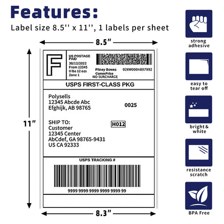 8.5" x 11" Self Adhesive Full Sheet Shipping Labels, 1UP