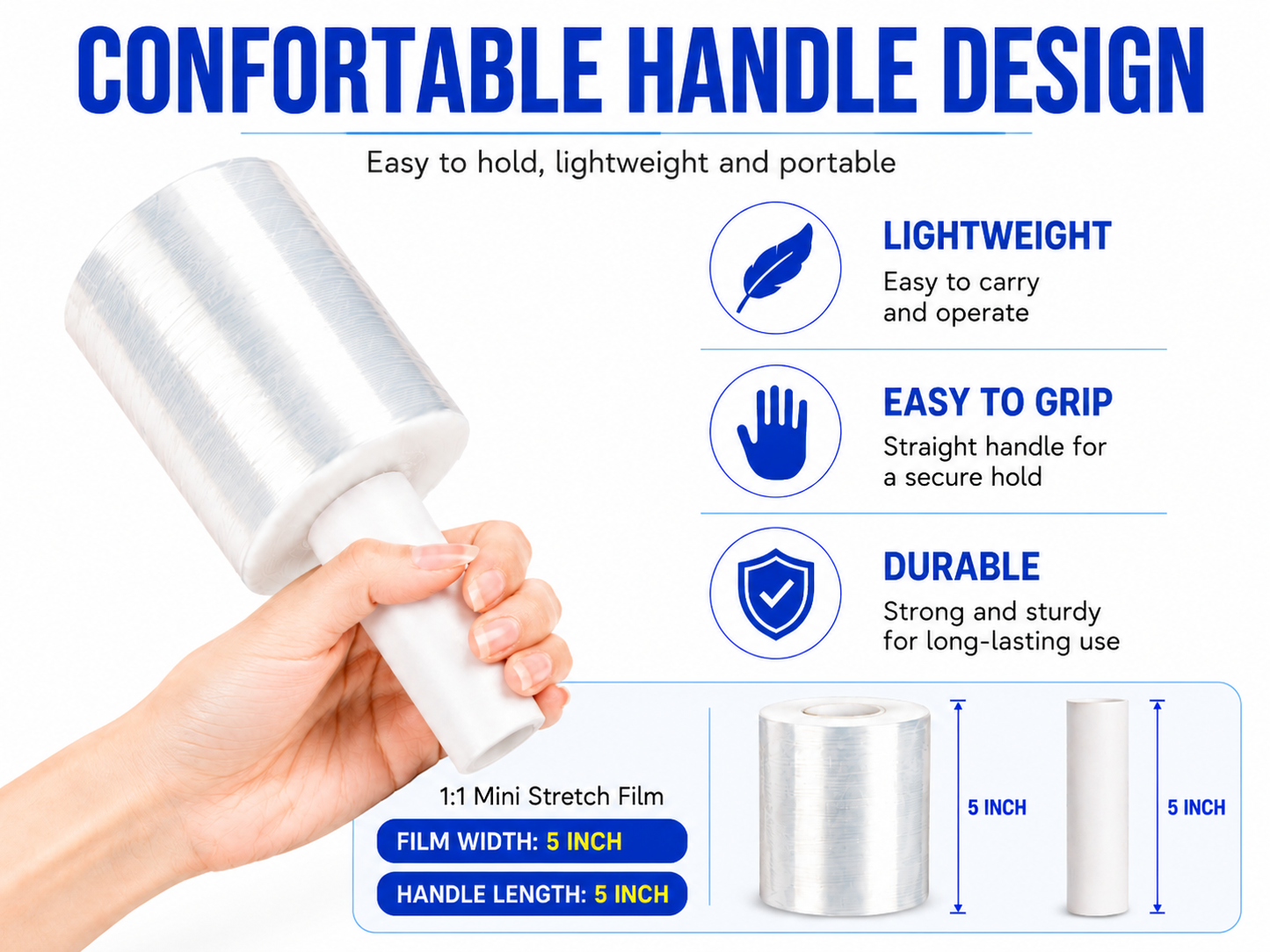 Polysells 5inx1200ft Stretch Film with Handle, Mini Stretch Wrap