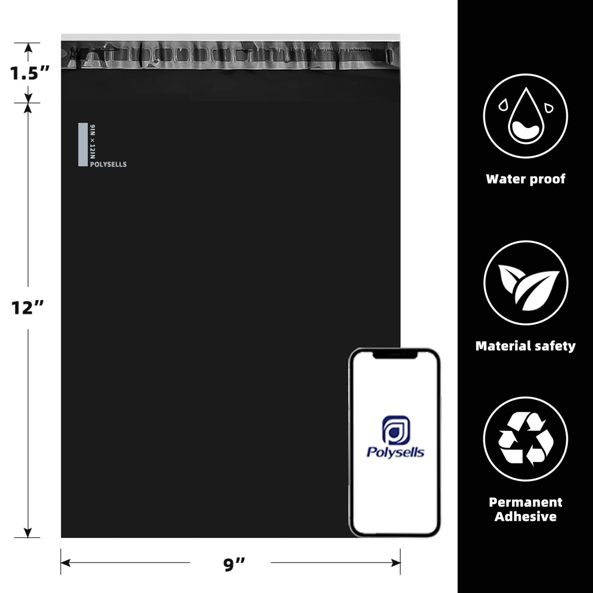 Polysells 9x12 Black Poly Mailers – Self Seal Shipping Bags for Clothing & Non-Fragile Items, Waterproof Tear Resistant Mailing Bags for Small Business Shipping Supplies