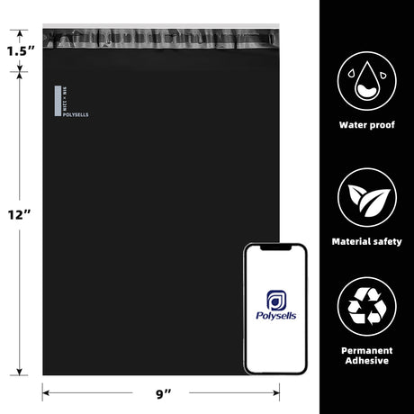Polysells 9x12 Black Poly Mailers – Self Seal Shipping Bags for Clothing & Non-Fragile Items, Waterproof Tear Resistant Mailing Bags for Small Business Shipping Supplies