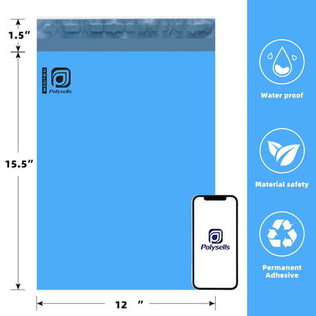 Polysells 12x15.5 Blue Poly Mailers, Self Seal Shipping Bags for Clothing & Non-Fragile Items – Waterproof Tear Resistant Mailing Bags for Small Business Shipping Supplies