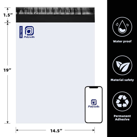 Polysells 14.5x19 White Poly Mailers – Large Self Seal Shipping Bags for Clothing & Non-Fragile Items, Opaque Waterproof Tear Resistant Poly Mailing Bags for Small Business Orders