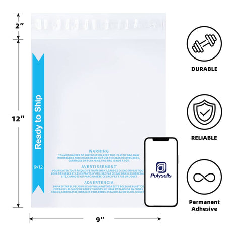 Polysells 9"x12" Clear Poly Bags with Suffocation Warning, Strong Self Seal