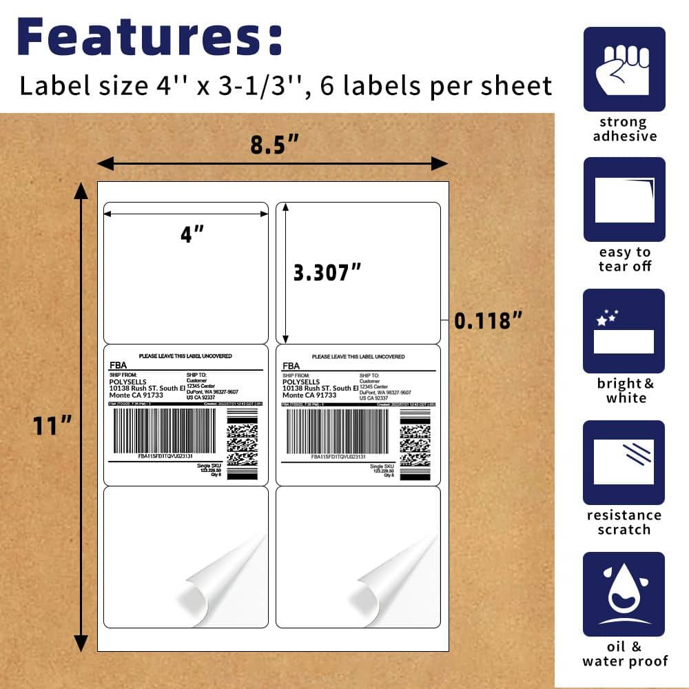 3-1/3"x4" Self Adhesive Shipping Labels, 6UP, 6 Labels per Sheet