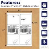 3-1/3"x4" Self Adhesive Shipping Labels, 6UP, 6 Labels per Sheet