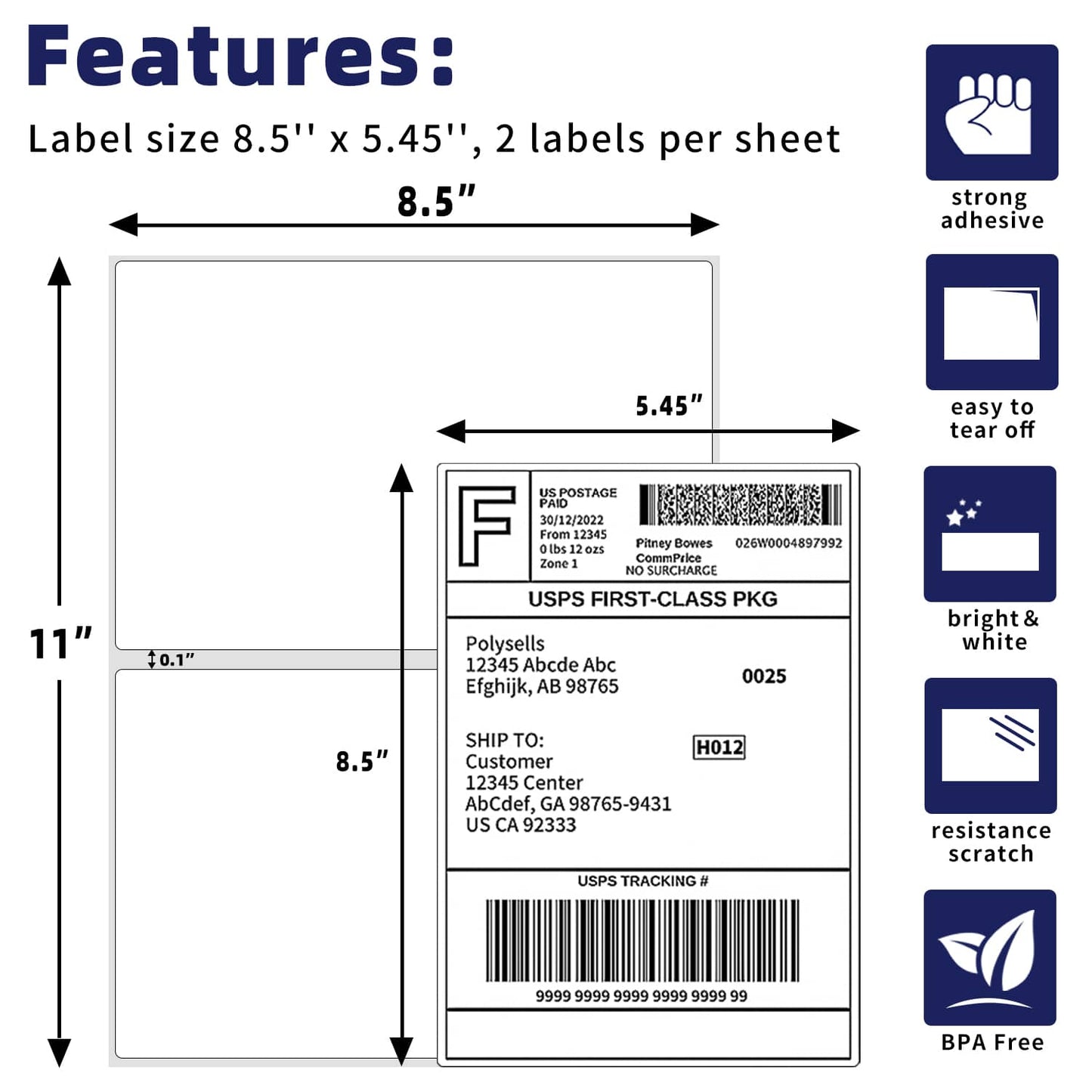 Self Adhesive Address Shipping Labels, 8.5" x 5.5"