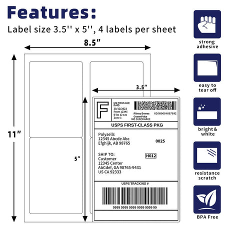 3.5"x 5" Self Adhesive Shipping Labels, 4UP, 4 Labels per Sheet