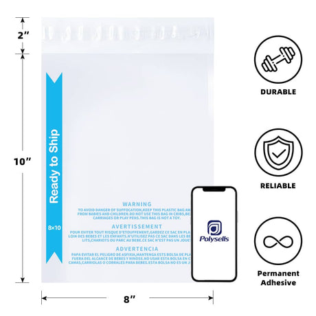Polysells 8"x10" Strong Self Seal Clear Poly Bags with Suffocation Warning