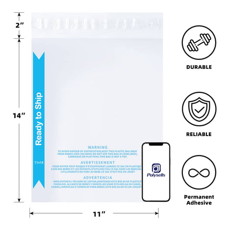 Polysells 11"x14" Clear Poly Bags with Suffocation Warning, Strong Self Seal