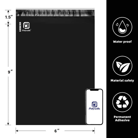 Polysells 6x9 Black Poly Mailers – Self Seal Shipping Bags for Small Clothing & Non-Fragile Items, Waterproof Tear Resistant Mailing Bags for Small Business Shipping Supplies