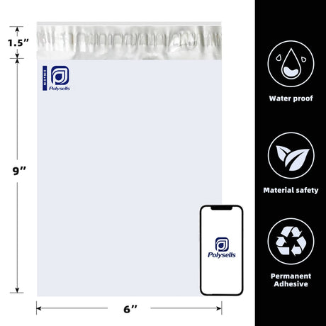 Polysells 6x9 Premium White Poly Mailers – Self Seal Shipping Bags for Small Clothing & Non-Fragile Items, Waterproof Tear Resistant Mailing Bags for Small Business Shipping Supplies