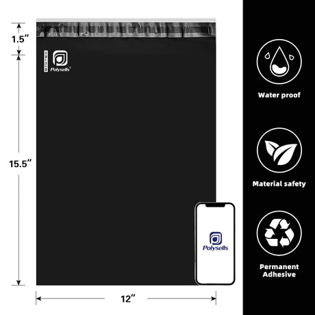 Polysells 12x15.5 Black Poly Mailers, Self Seal Shipping Bags for Clothing & Non-Fragile Items – Waterproof Tear Resistant Mailing Bags for Small Business Shipping Supplies