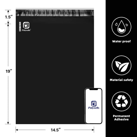 Polysells 14.5x19 Black Poly Mailers – Large Self Seal Shipping Bags for Clothing & Non-Fragile Items, Opaque Waterproof Tear Resistant Poly Mailing Bags for Small Business Orders